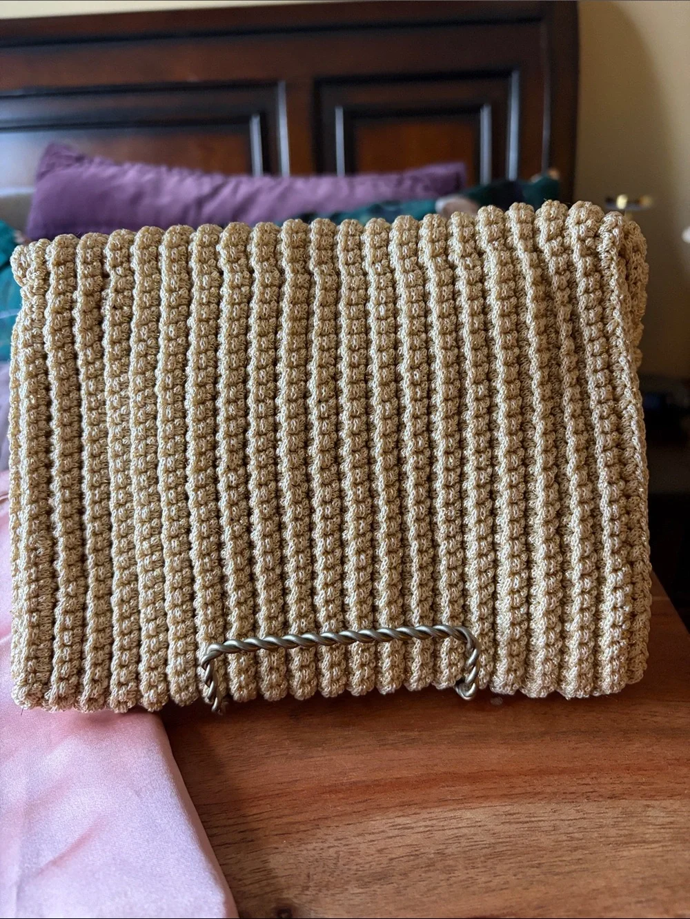 New!! Gold Flecked Woven Bow-Front Clutch Wristlet - Beige